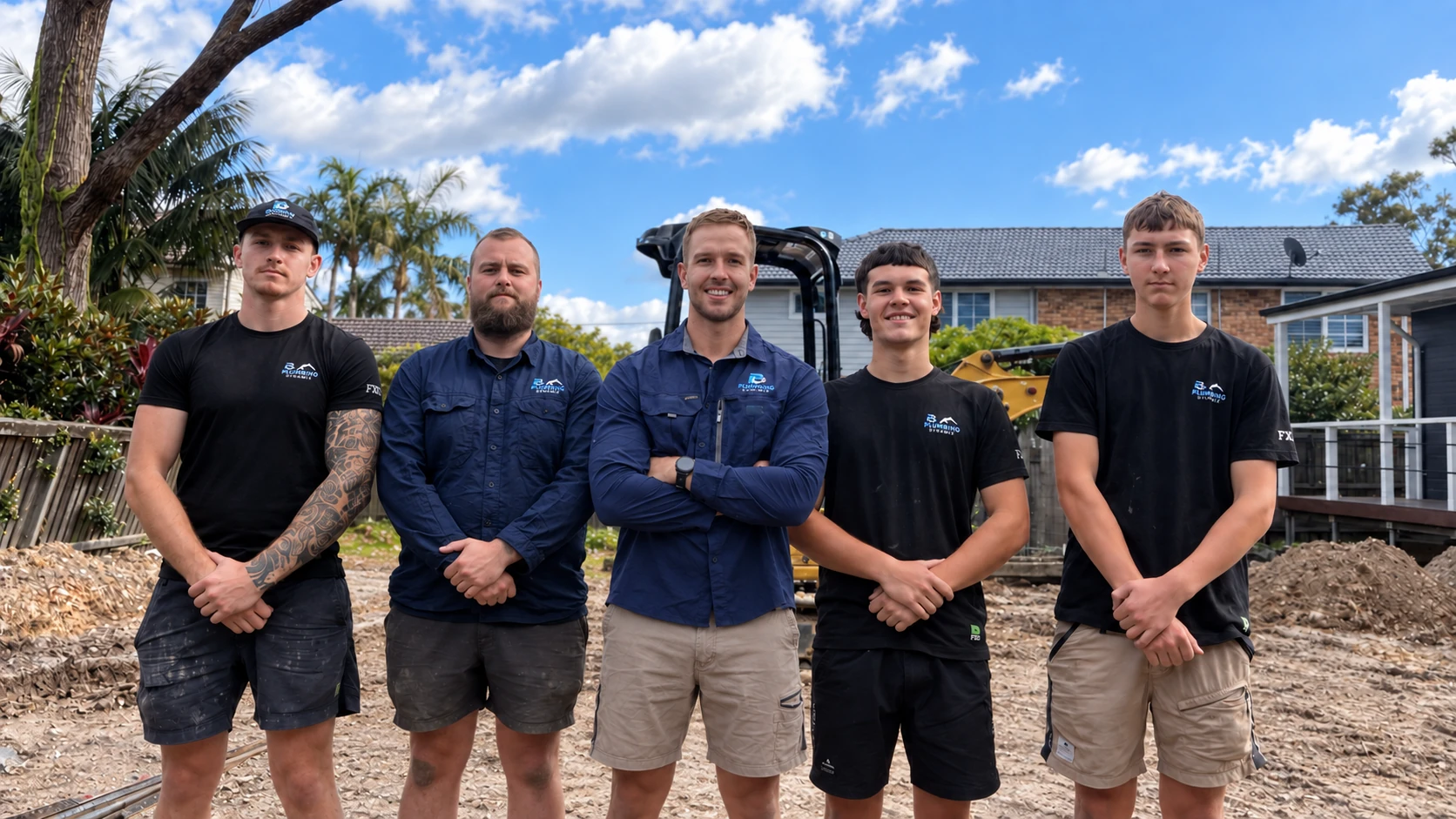 The five-person Plumbing Dynamix team at a residential worksite